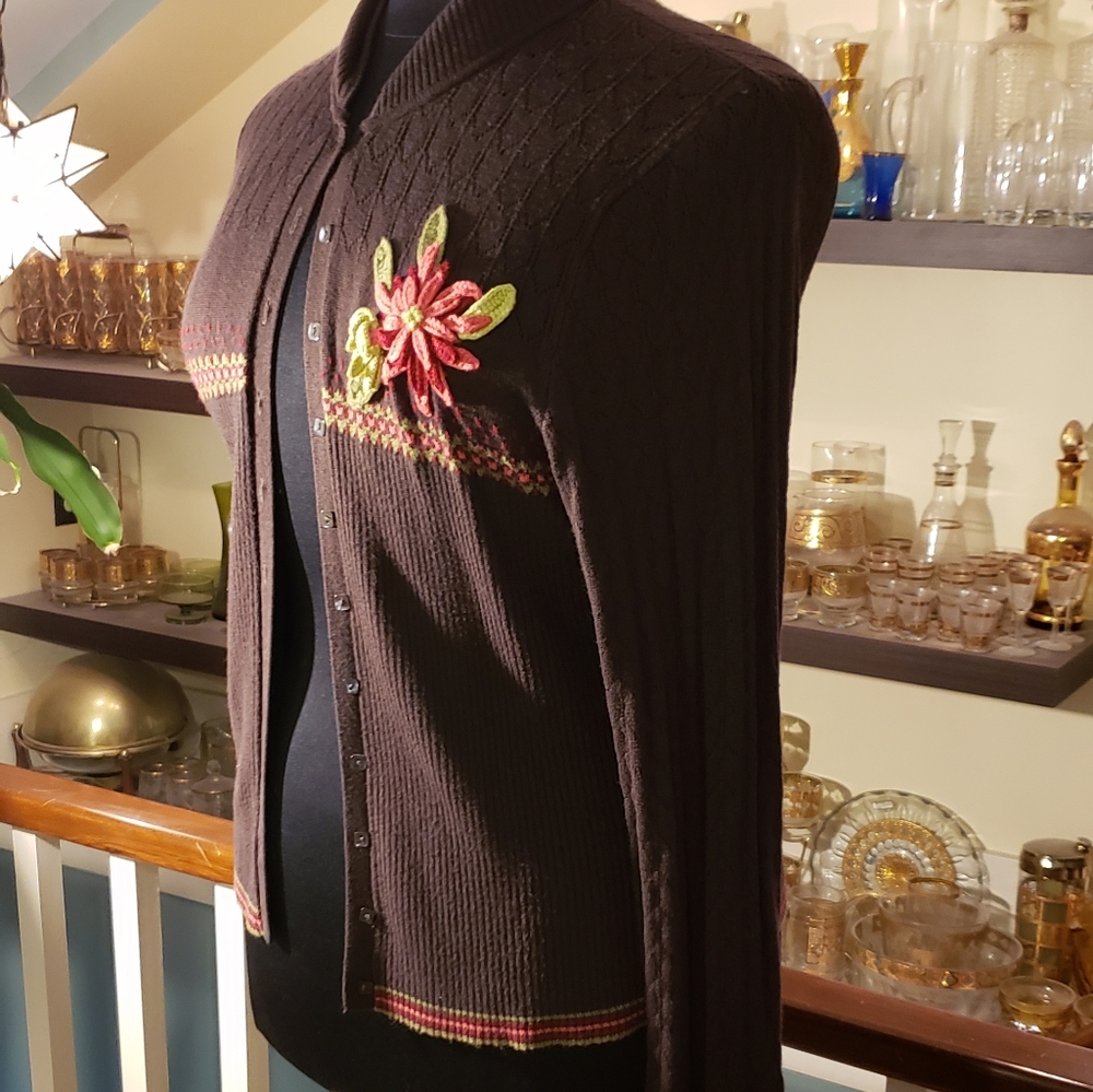 Vintage Liz Claiborne Brown Floral  Knit Cropped Cartigan Sweater
